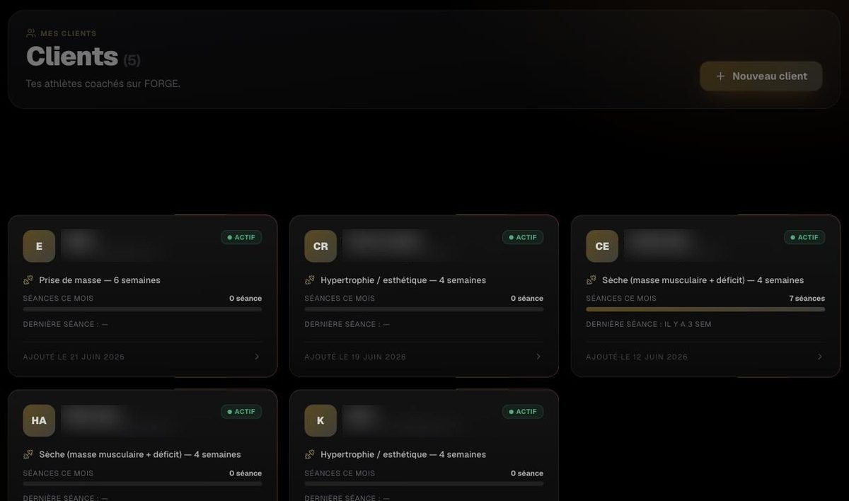 Liste des clients dans FORGE : chacun avec son programme en cours et son statut