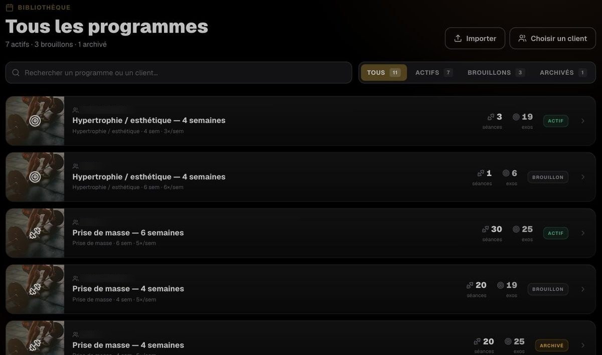 Écran des programmes d'un client dans FORGE, avec leur avancement